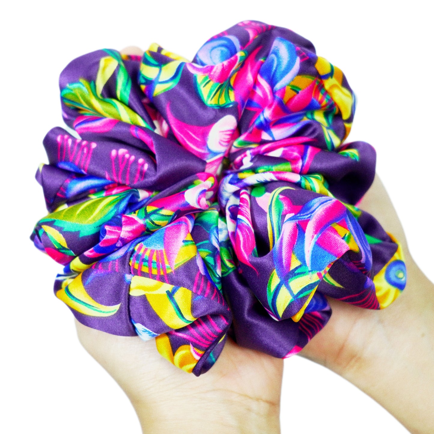 BUBBLEGUM FLORAL - HAIR SCRUNCHIE HIGH QUALITY SUPER SOFT PREMIUM SATIN (LARGE)